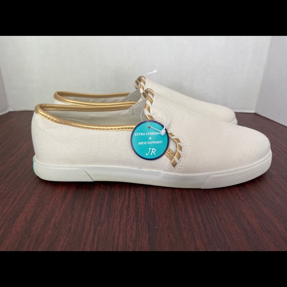 JACK ROGERS SLIP ON SNEAKERS WHITE WITH GOLD TRIM
